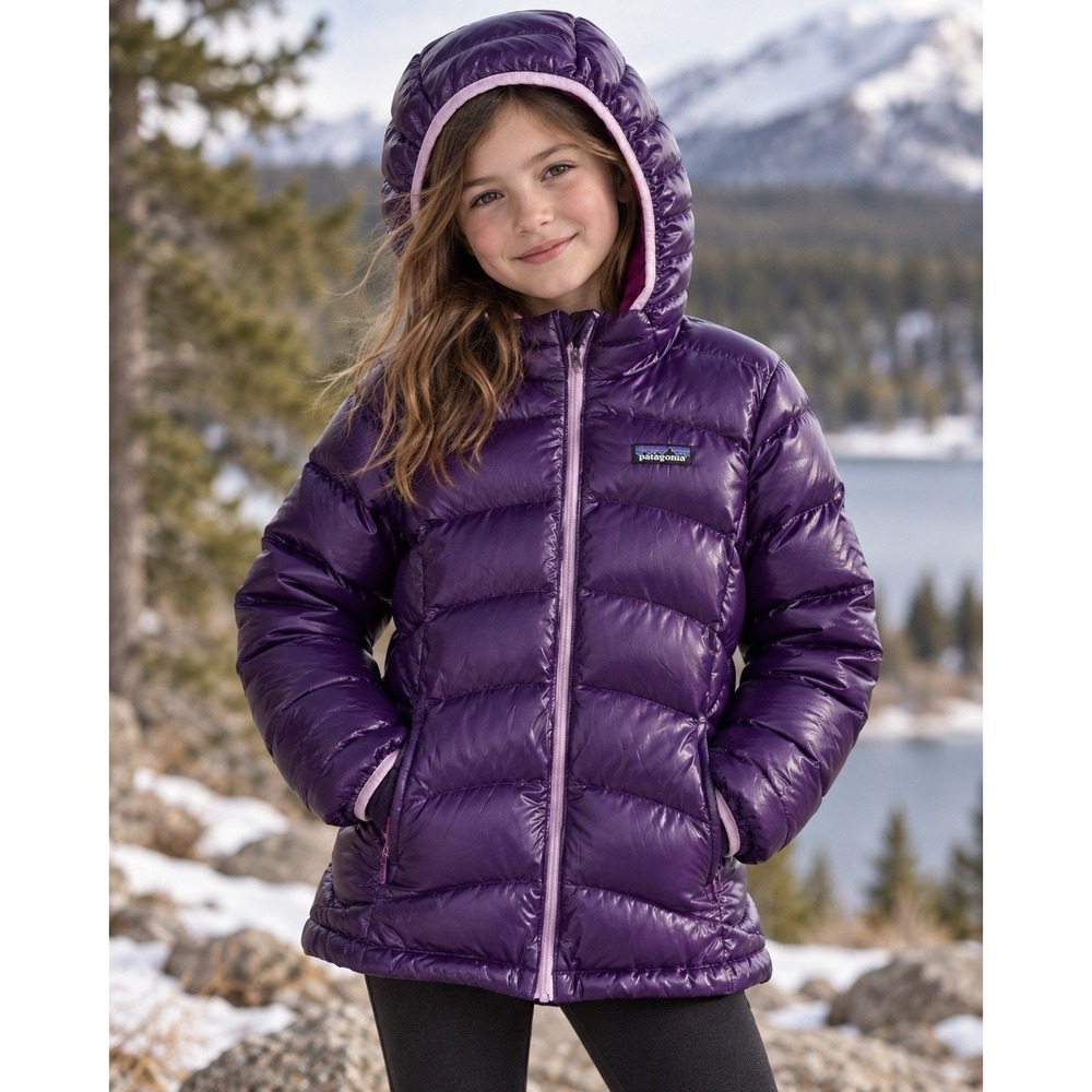 Patagonia Kids Girls M 10 Purple HI-LOFT Duck Puffer Jacket Hooded Winter Coat